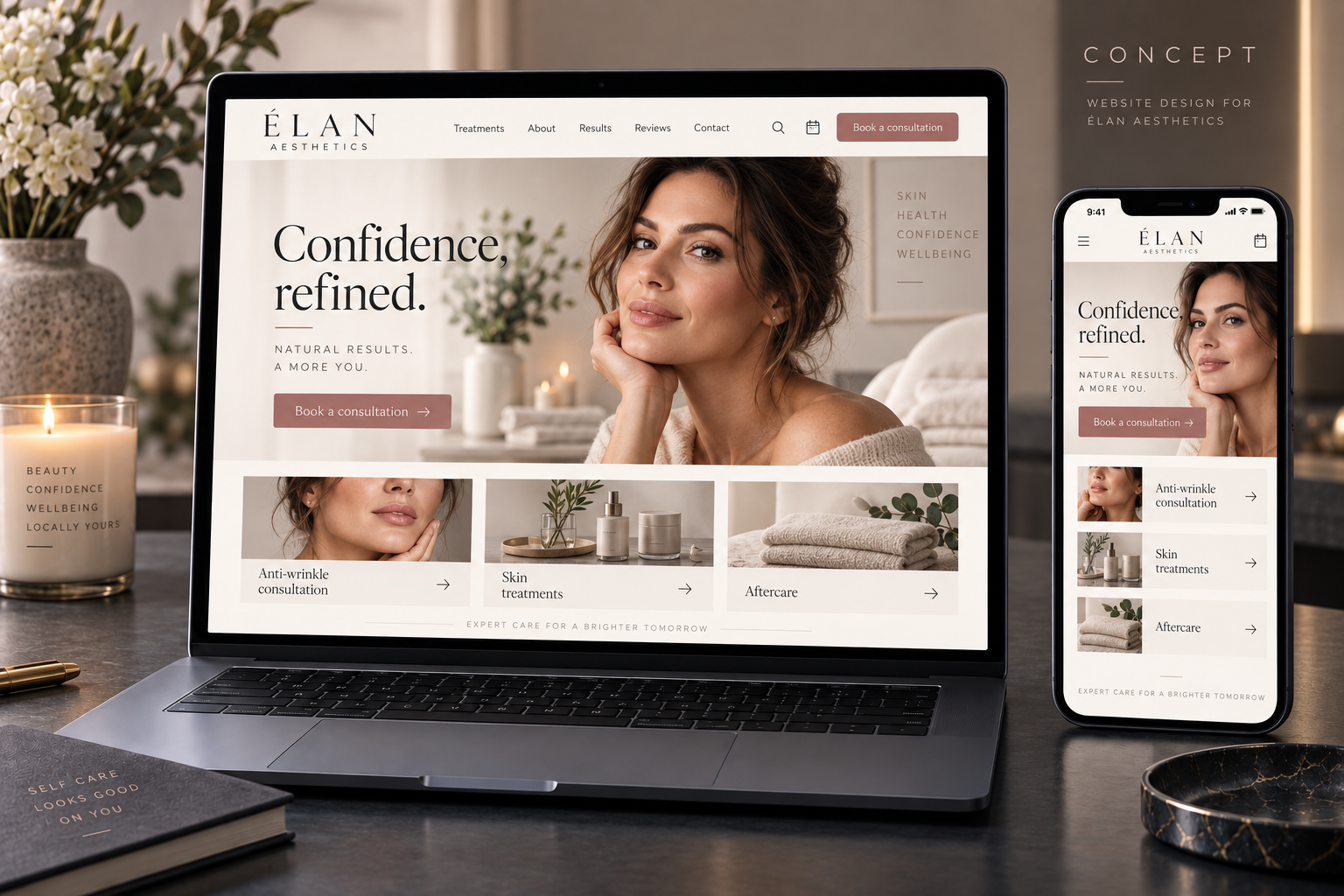 Elan Aesthetics responsive website concept shown on a laptop and mobile phone