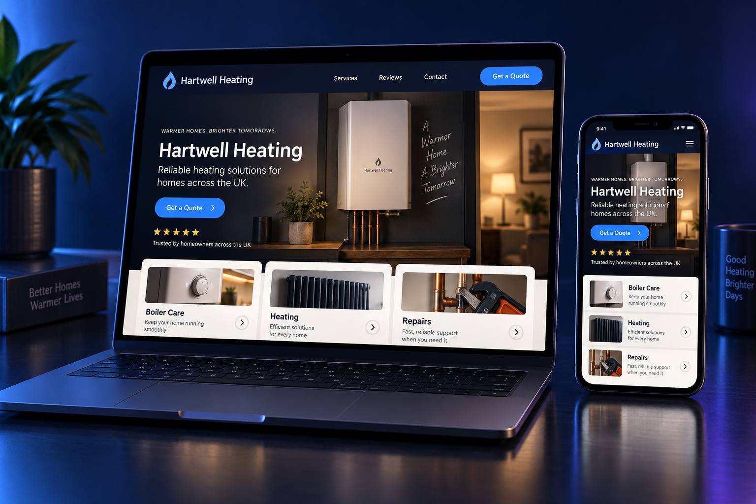 Example responsive website designed for a small business, shown on a laptop and phone